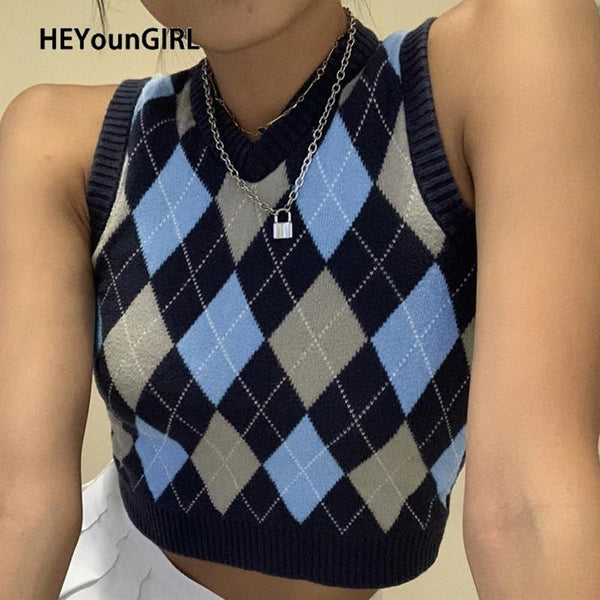 HEYounGIRL V Neck Vintage Argyle