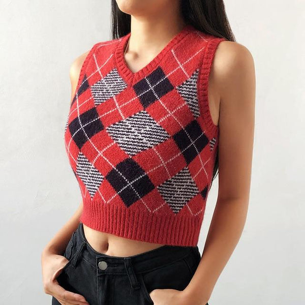 HEYounGIRL V Neck Vintage Argyle