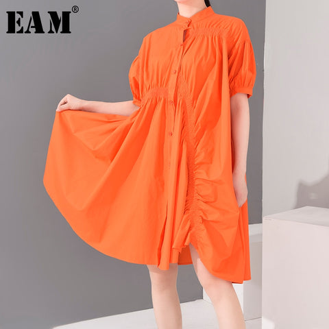 [EAM] Women Orange Pleated Big