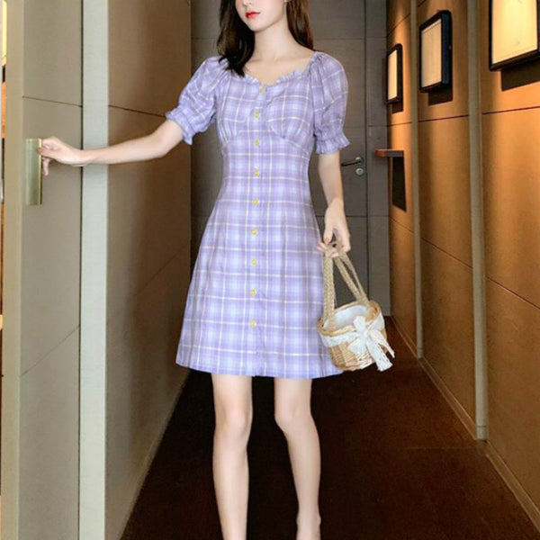 Summer Plaid Dress Women Purple