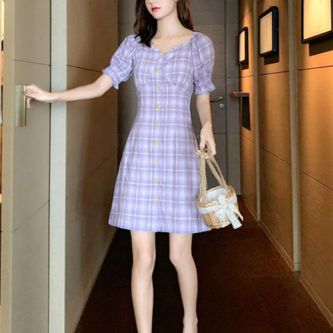 Summer Plaid Dress Women Purple