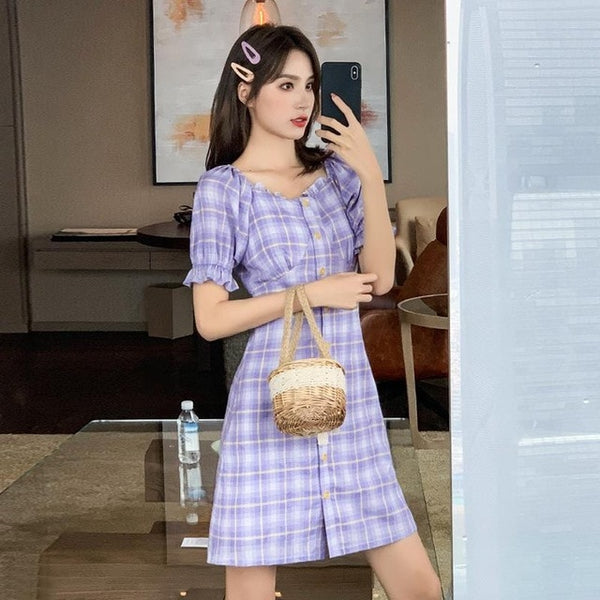 Summer Plaid Dress Women Purple