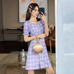 Summer Plaid Dress Women Purple
