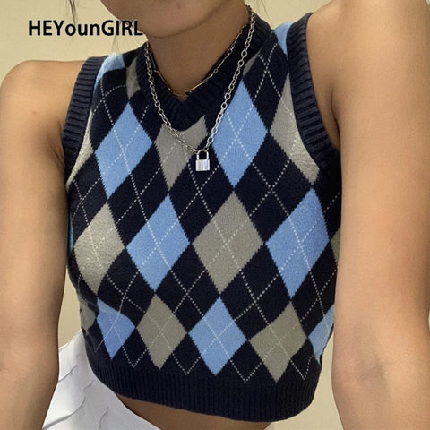 HEYounGIRL V Neck Vintage Argyle