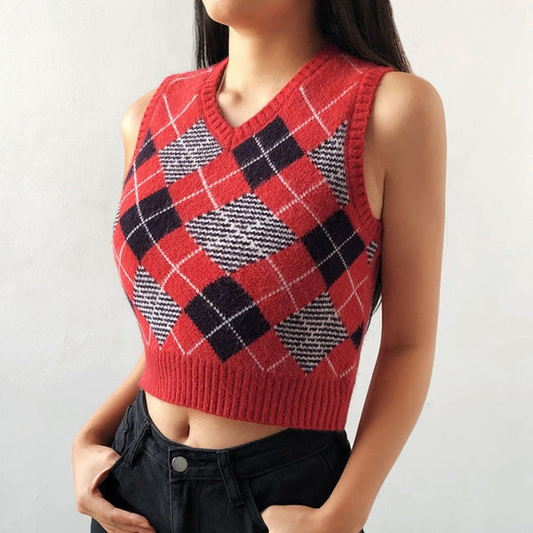 HEYounGIRL V Neck Vintage Argyle