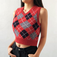 HEYounGIRL V Neck Vintage Argyle